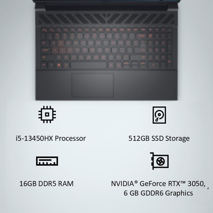 Dell G Series, 13th Gen Intel Core i5-13450HX, NVIDIA RTX 3050-6GB, 16GB DDR5, 512GB SSD, FHD, 15.6"/39.62cm, Windows 11, Microsoft Office Home 2024, 2.65KG, G15-5530, Backlit Keyboard, Gaming Laptop
